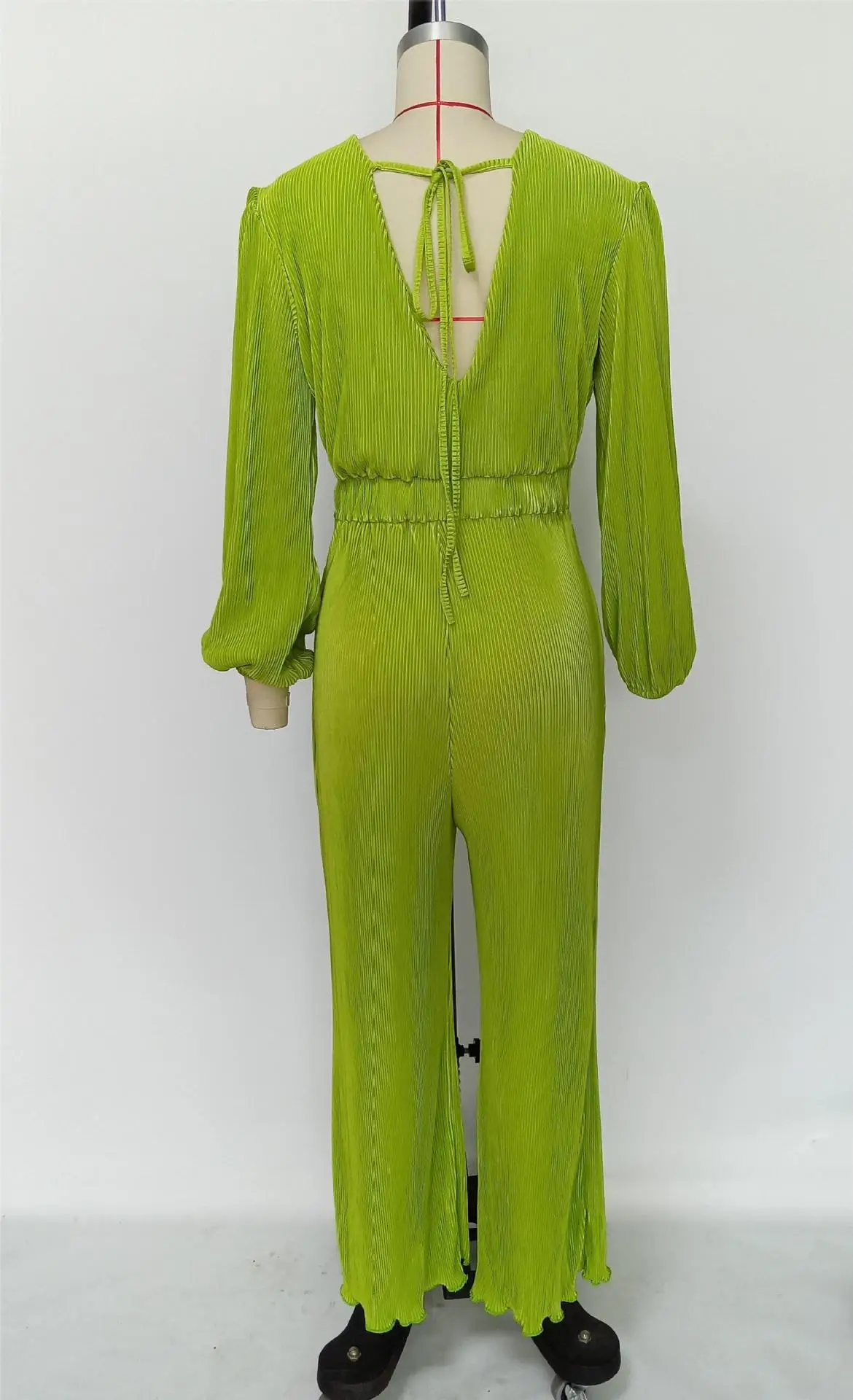 Women's Solid Color Long Sleeve Wide Leg Corset Pleated Overalls Rompers Backless Loose Overalls Jumpsuit Sexy V Neck Jumpsuit