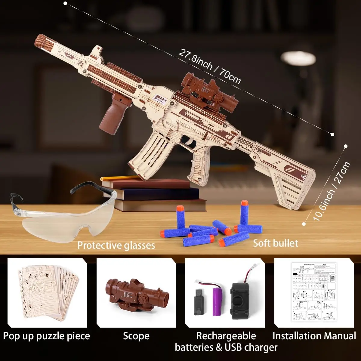 VATOS 3D Wooden Gun Puzzles for Kids Adult with Foam Soft Bullet Electric Wooden M416 Model Rifle Guns Toy DIY Building Gift Boy 6