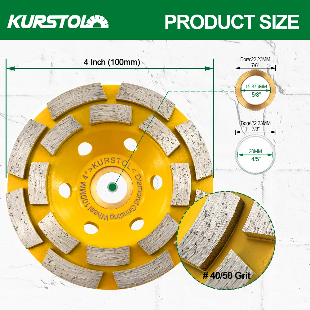 KURSTOL Diamond Double Row Grinding Cup Wheel 1pc 100mm Grinding Disc Polishing Concrete Masonry Granite Marble Abrasive Disc