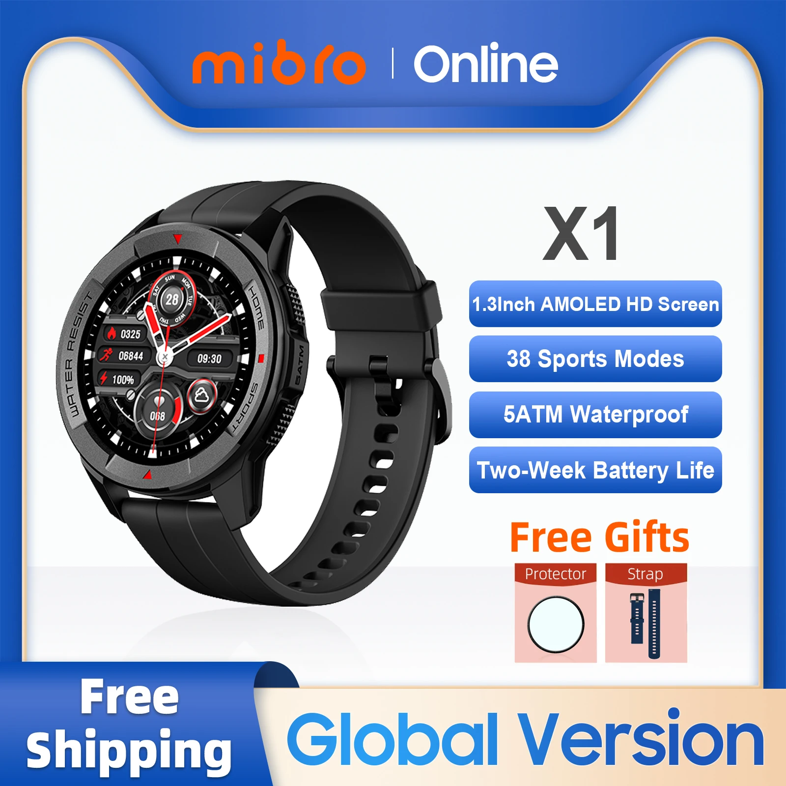 

Mibro X1 Smartwatch Global Version 1.3 Inch AMOLED Screen 5ATM Waterproof SpO2 Measurement Sports Smart Watch For iOS Android