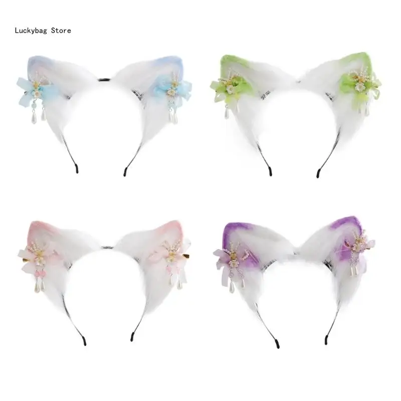 

Подростковая повязка на голову с кошачьими ушками и цветочной шпилькой, карнавальная повязка для волос