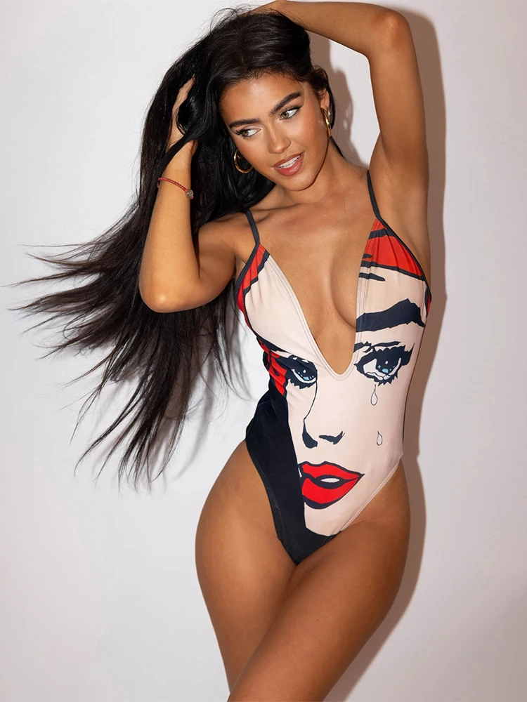 Nibber Slim Doodle Print Bodysuit Women Beach Vacation Deep v-Neck Sleeveless Tight Stretch Wild Hipster Midnight Club Body Tops