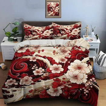 Flowing Red and White Floral Art Bedding Set for Kids Luxury Gift 3pcs Digital Print Comforter Set Soft Comfortable Breathable 1