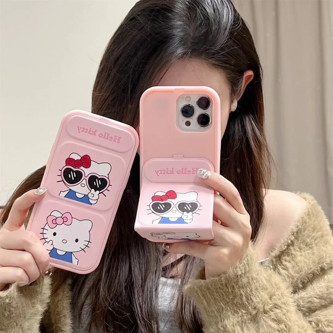 

Cute Sanrio Hello Kitty Pink folding stand Wear sunglasses Phone Cases For iPhone 15 14 13 12 Pro Max Back Cover