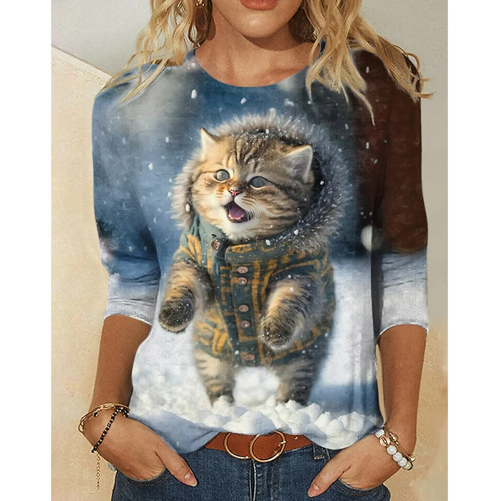 

Cute Women's T-Shirts 3d Kitten Print Clothing Autumn Harajuku Long Sleeve Tops Kawaii Fashion Ladie Pullover Oversized T-Shirts