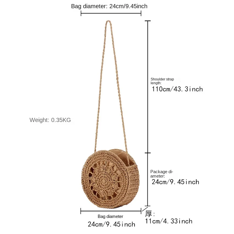 New round shoulder woven bag ins summer beach forest straw bag round cake women's bag