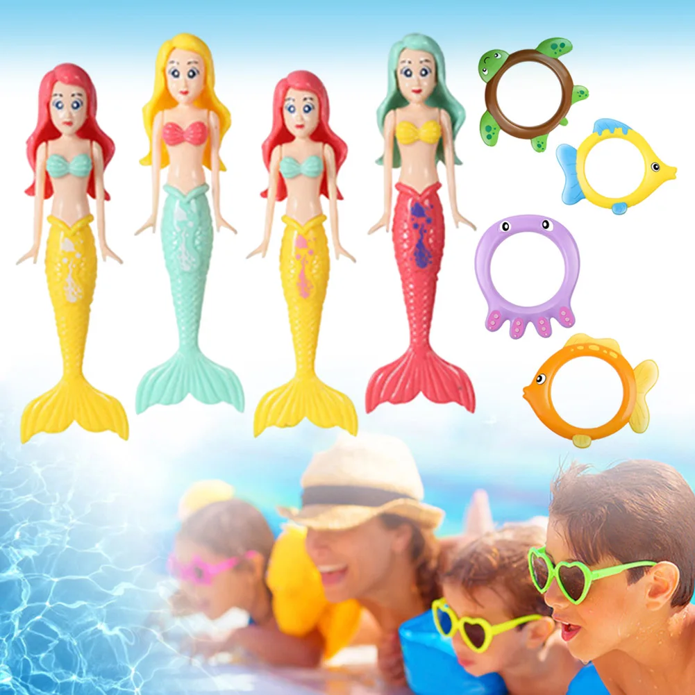 8Pcs Swimming Pool Toy 4 Rings and 4 Mermaids Pool Sinking Toy Set Multicolor Underwater Diving Toys Cute for Water Play