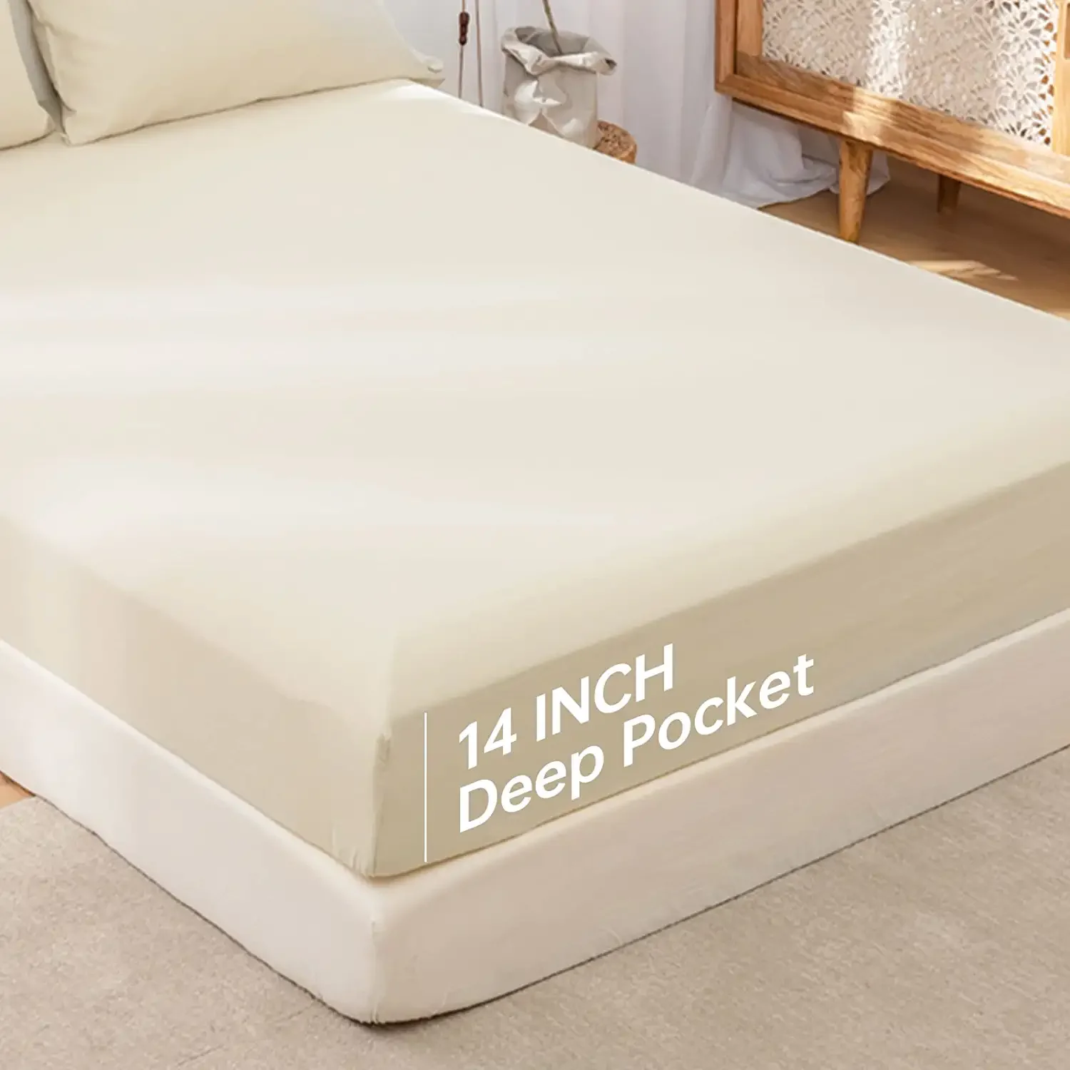 Simple&Opulence Linen Fitted Sheet (1 Piece) - 14 Inch Deep Pocket Mattress Cover Natural Flax Cotton Soft Breathable  Bedding 3