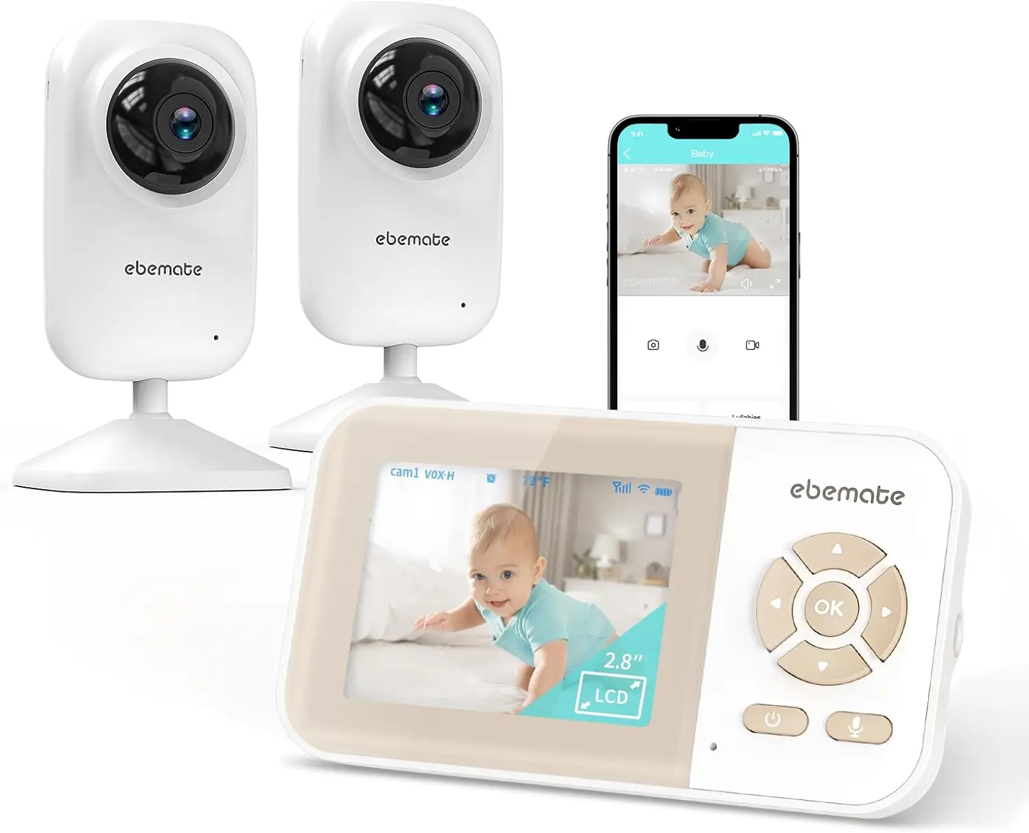 ebemate wifi Video Baby Monitor with 2 Cameras 2.8 inches LCD Screen baby monitor with night vision,2-Way Talk Audio Camera bebe