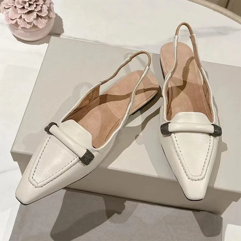 Suede Leather Loafers Women Square Toe Slip-On Chain String Bead Flat Shoes Female Summer Casual Comfort Walking Shoes Woman