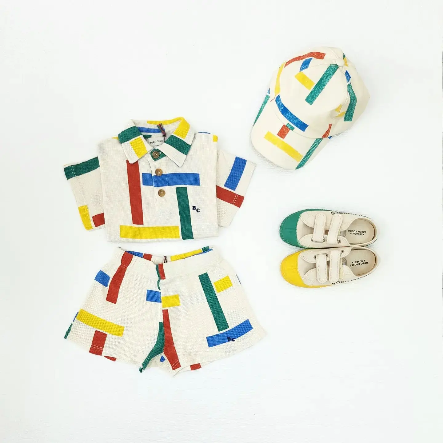 2023 BC Summer Girls' Korean Style Cute Contrast Square Polo Neck Waffle T-shirt Children's Set Children Clothing