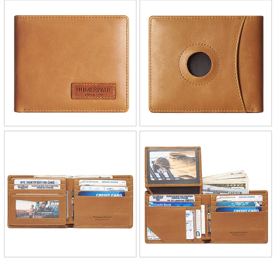 Real Leather RFID Trifold Wallet for Men - Slim Airtag Card Holder with ID Window