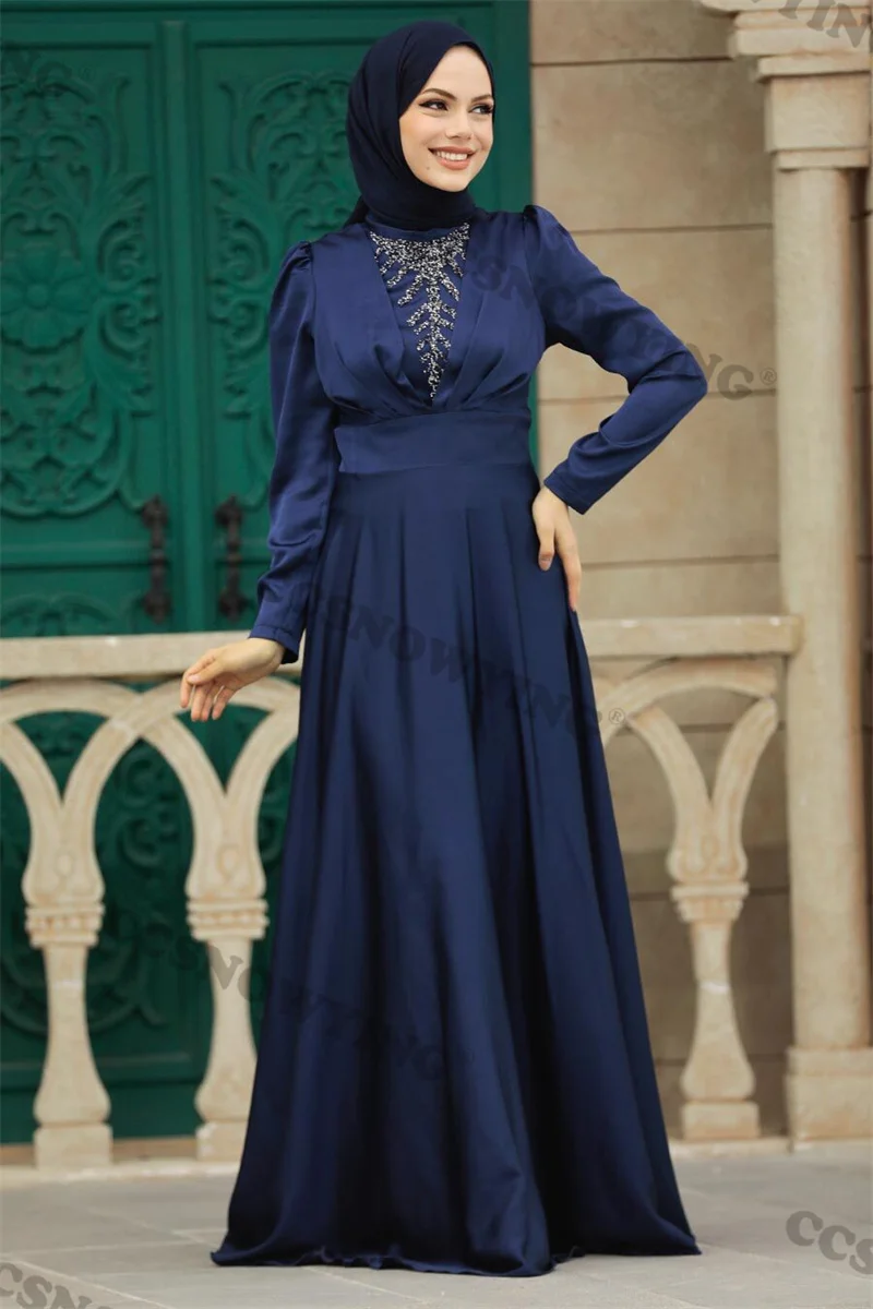

Navy Blue Satin Beaded Muslim Evening Dresses Full Sleeve Hijab Islamic Formal Party Gown Women Arabic Dubai Robe De Soiree