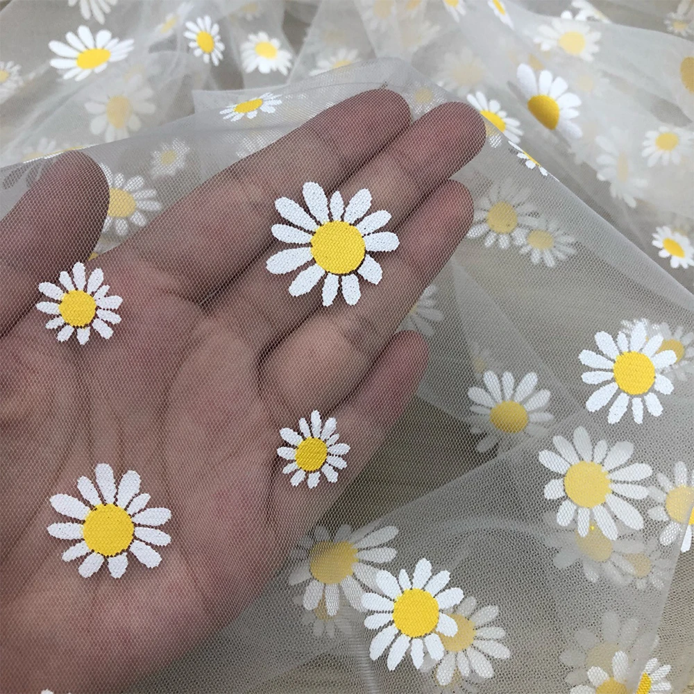 150cm x 90cm Daisy Flower Tulle Fabric Mesh For DIY Curtain Baby Children's Clothing Wedding Dress Xmas Party Home Decoration
