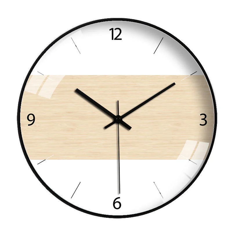 Wood Grain Simple Black Punch-free Wall Clock Golden Mute Cartoon Glass Clock Color:138H;Sheet Size:14 inch (35cm)