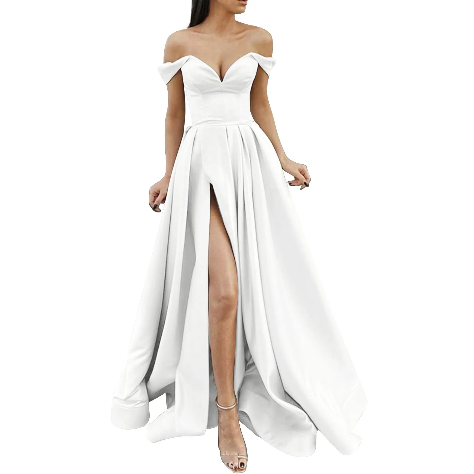 thumbnail image 1 of Vestido formal con hombros descubiertos, abertura alta, largo hasta el suelo, vestido de fiesta, vestido largo sexy con abertura en la parte delantera, ropa elegante para fiesta de noche, 1 of 5