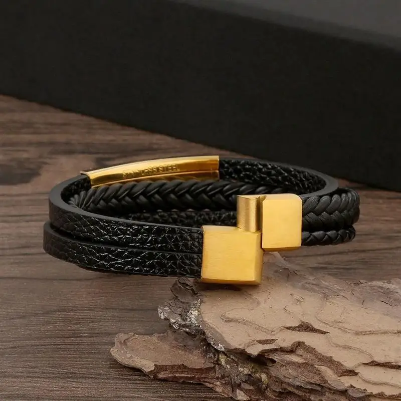 Punk Men Leather Bracelet with Stainless Steel Magnetic Clasp Braided Mutilayer Leather Wrapping Bangles Man Jewelry Gift