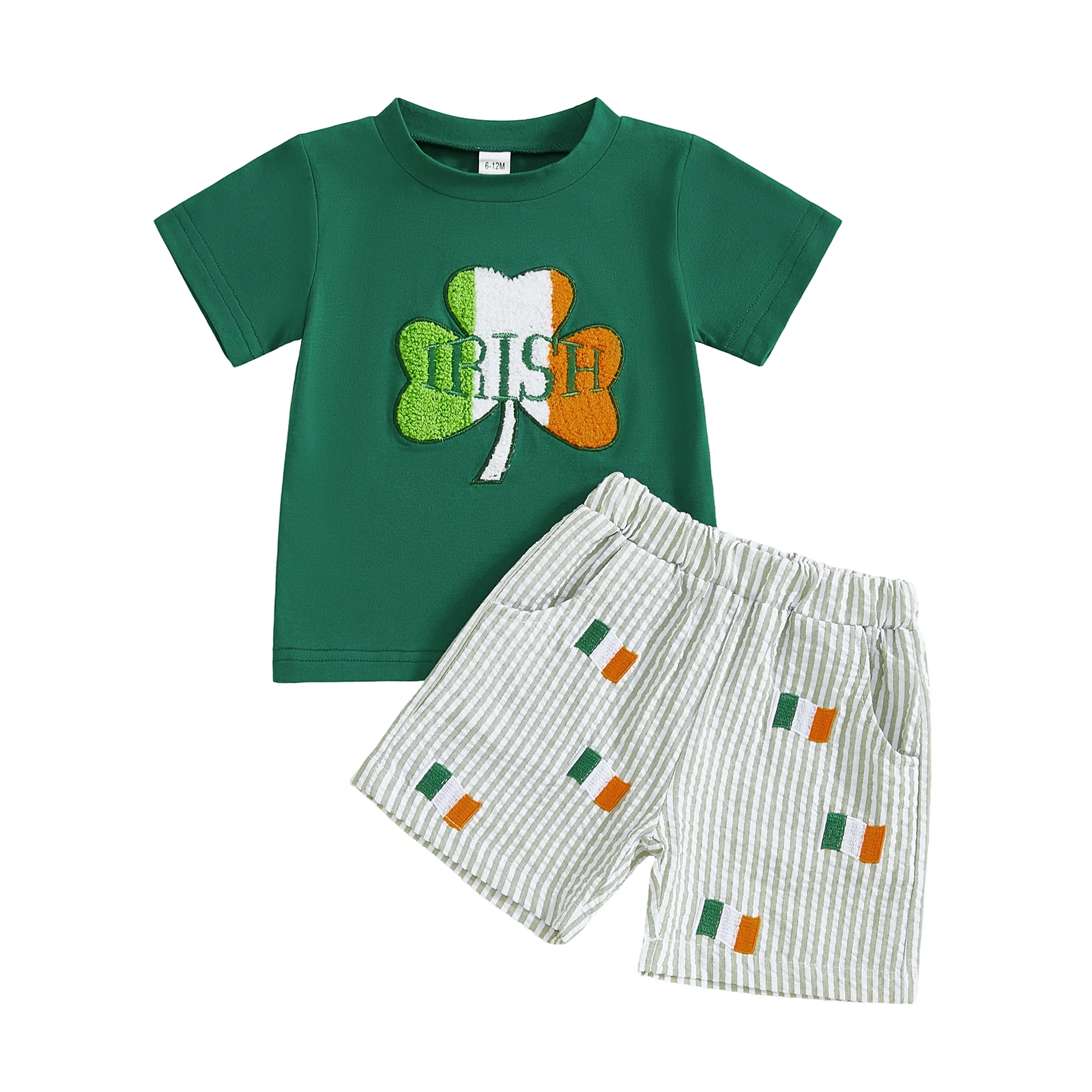 Boys St Patrick s Day 2 Piece Outfits Short Sleeve Crew Neck Letter Shamrock Embroidery Tops and Striped Shorts Set for Irish