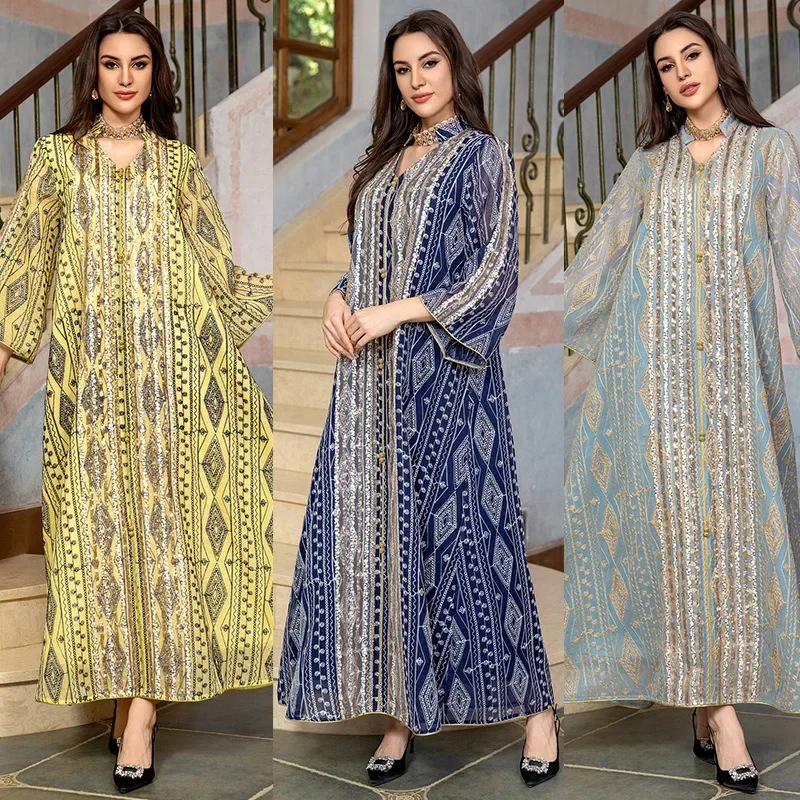 2024Muslim New Year Mesh Embroidered Evening Dress Sequin Stitching Dress Fashion Dubai Robe  vestido largo mujer verano
