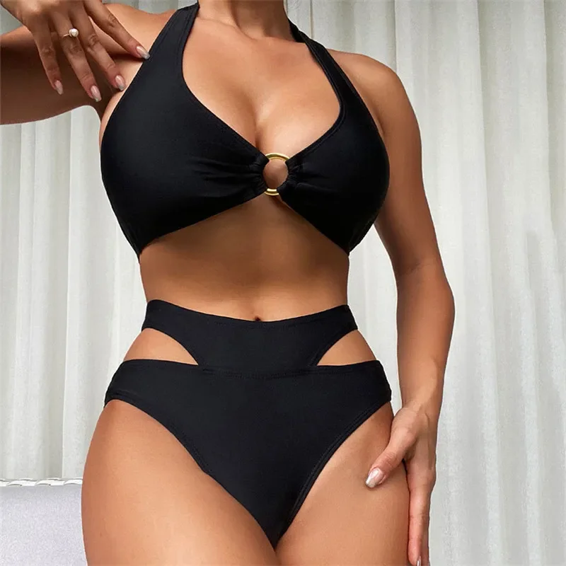 

Сексуальный черный комплект бикини с лямкой на шее, женский купальник с высокой талией, купальный костюм с вырезами, купальный костюм, бикини с пуш-ап, бикини, женская пляжная одежда