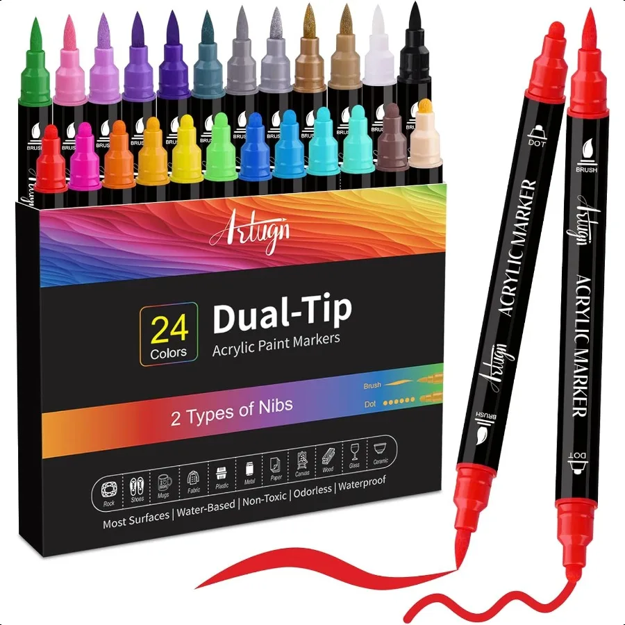 24 Colors Dual Tip Acrylic Paint Pens Set