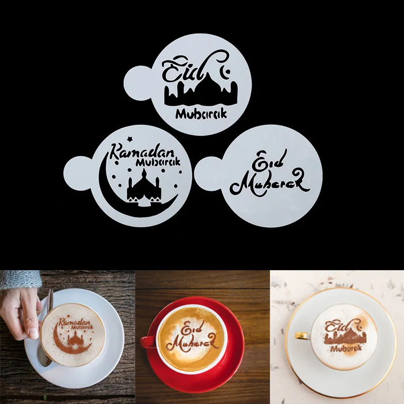 3Pcs/Set Ramadan Styles Cappuccino Latte Coffee Stencils Duster Cake Mold Spray Coffee DIY Art Stencils Muslim Eid Mubarak Party