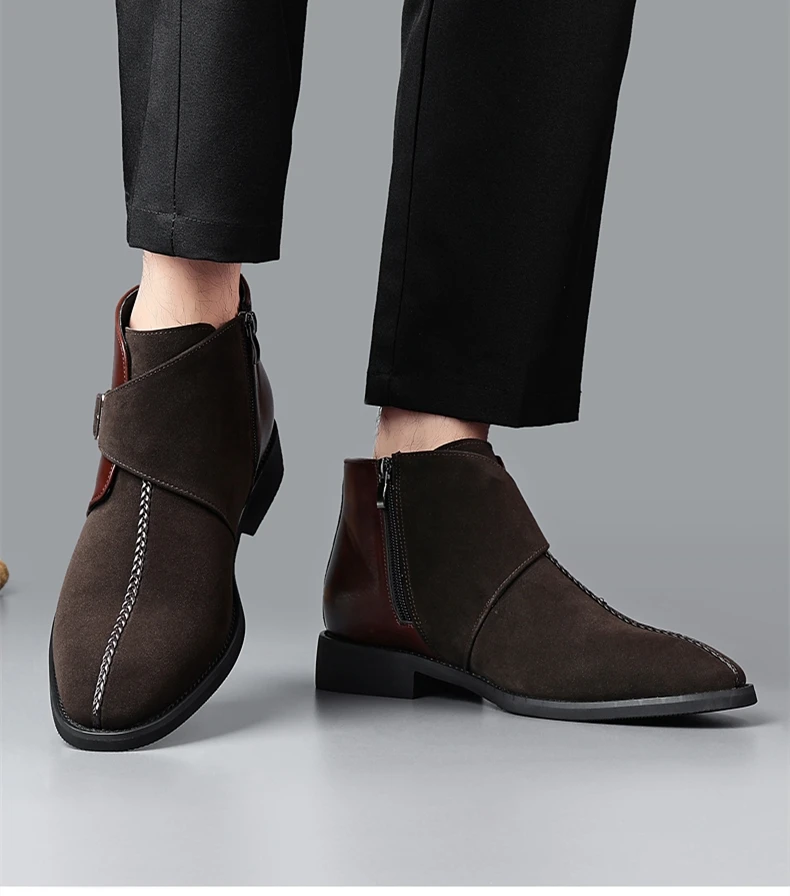 Herbst Winter Männer Business Spitz Zipper Stiefeletten Patchwork Leder Chelsea Stiefel Schnalle Dekor Komfort Formale Schuhe Mann – Detail 3