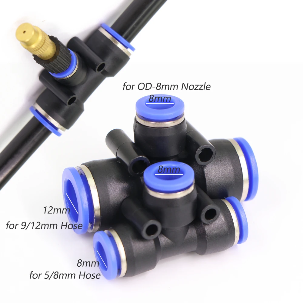5PC Adjustable Brass Misting Nozzle with Tee Quick Connector for OD-8mm OD-12mm PE Hose Sprayer Garden Plants Atomizing Sprinkler