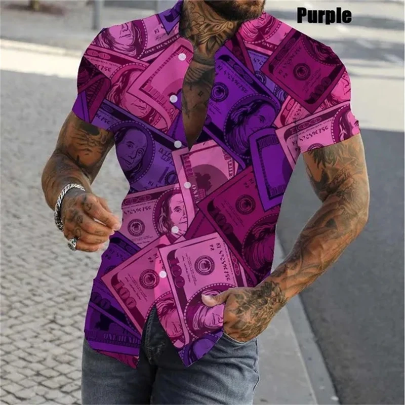 thumbnail image 1 of Camisas con estampado 3D de dólares para hombre, camisas casuales de verano de manga corta ajustadas con botones, blusas y tops para hombre, 1 of 5