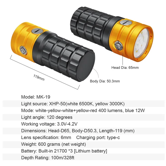 Torcia Subacquea 11000 Lumen - LED 3 Colori, Impermeabile 100m, Per Video E Immersioni - Foto 3