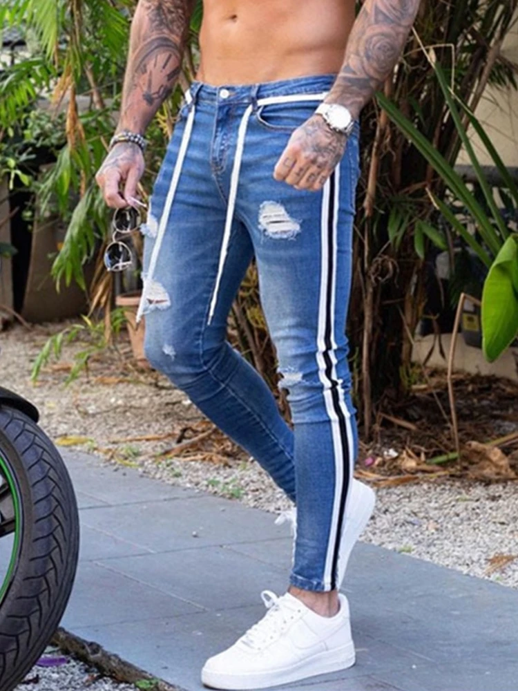 NEW Men Skinny Biker Destroyed Frayed Fit Denim Ripped Side Stripe Pencil Pants Hip Hop Streetwear Jeans S-3XL - AliExpress