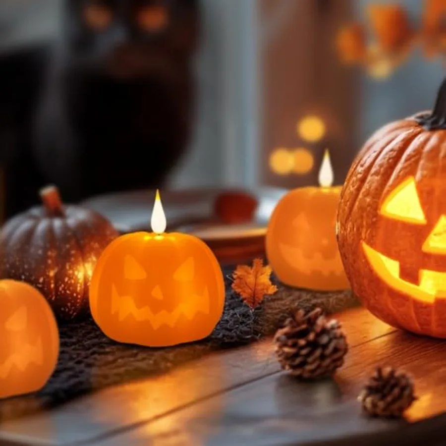 Halloween Rechargeable Flameless Candle with Timer Remote Control LED Realistic Wax Effect Pumpkin Lamp for Spooky Decor Ideal