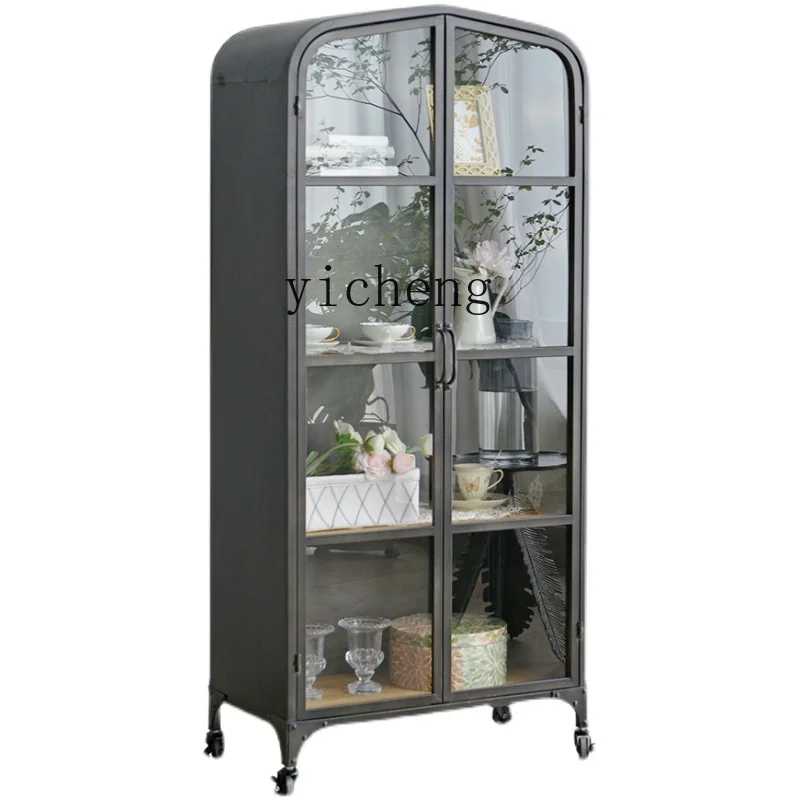 

ZC Simple Black Wrought Iron Glass Living Room Study Bookcase Storage Display Side Cabinet Hand-Made Storage Showcase