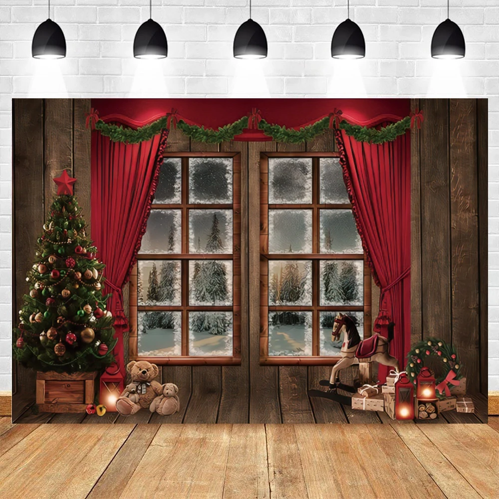 Photo Backdrop Winter Christmas Photography Background Fireplace Christmas Tree Window Snow Gift Party Baby Portrait Photography Backdrop Decor