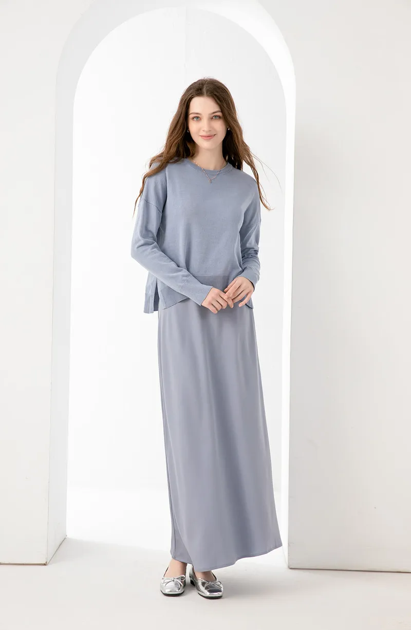 

Элегантная изящная женская одежда AS, весна-лето 2024, свободный облегающий Вязаный топ + Матовая атласная юбка с подкладкой
