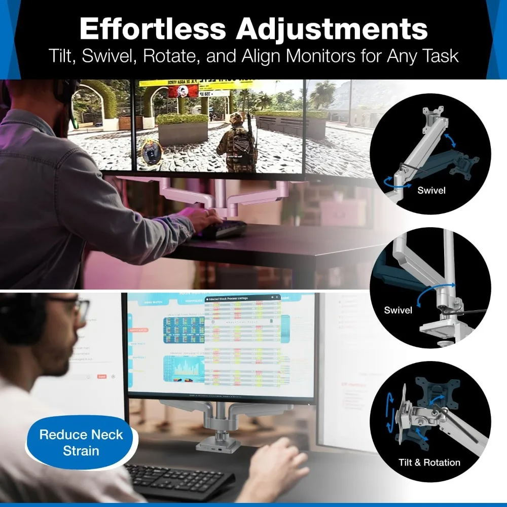 triple display desk mount with usb and audio connectivity for height-adjustable monitor setup