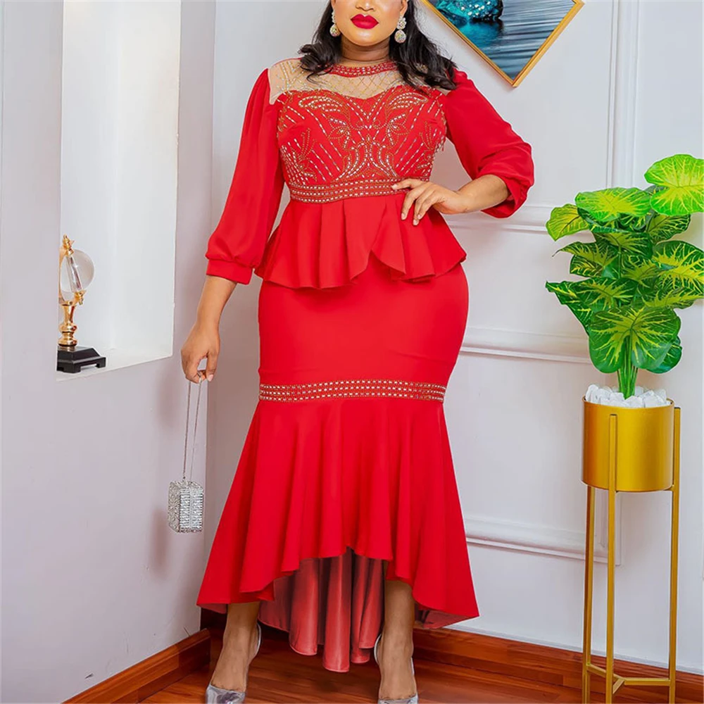

MD 2023 Summer African Dresses Dubai Turkey Women Wedding Party Mermaid Gown Plus Size Two Piece Set Tops Skirt Suit Ankara Wear