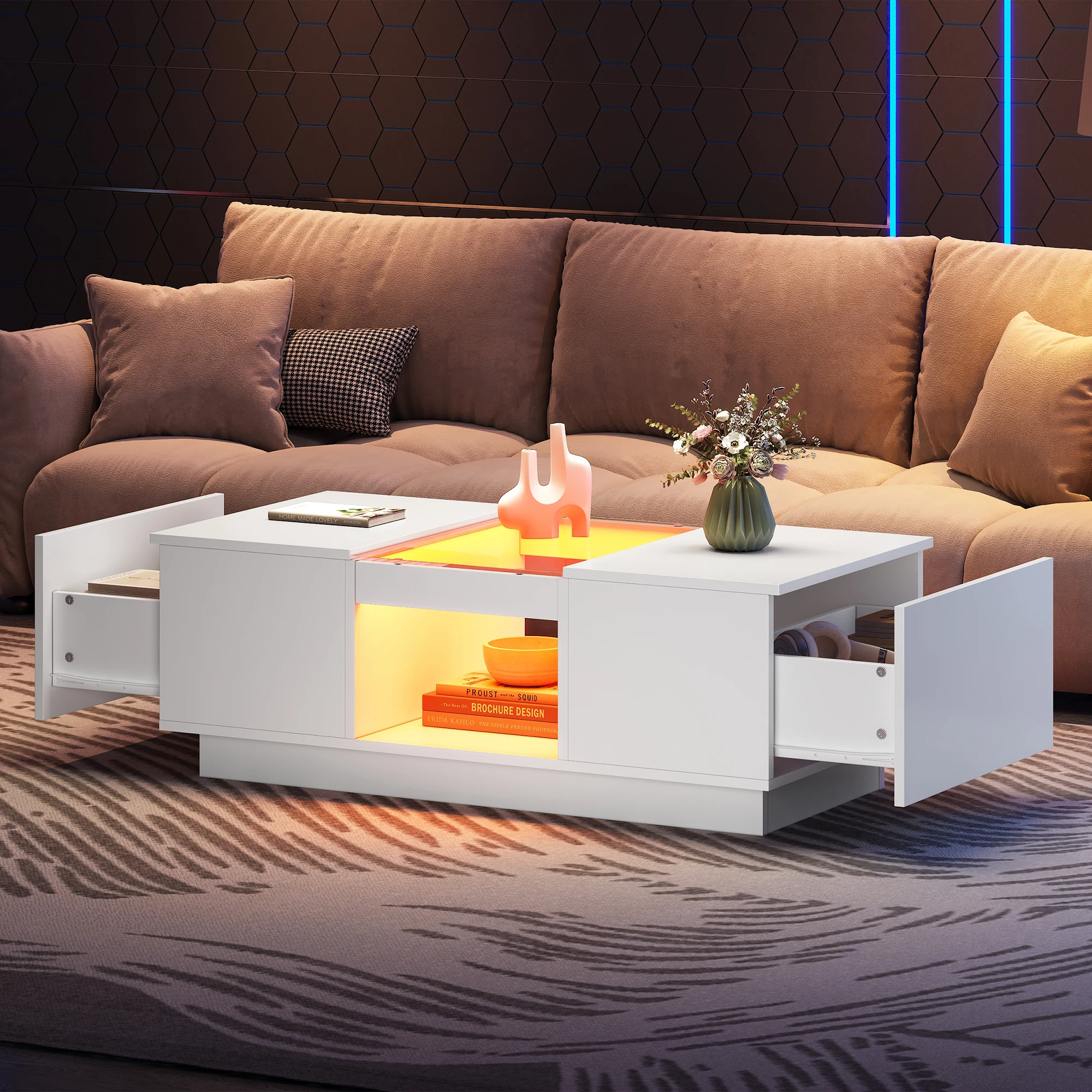 HOUSE SPOLE Table de canapé avec plateau en verre, table de salon avec LED et rangement, blanc