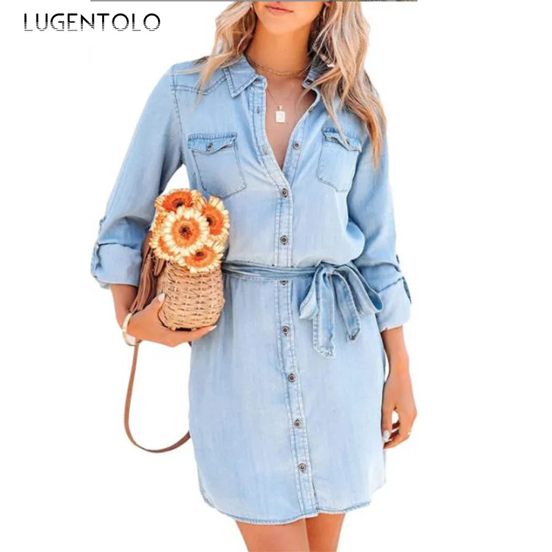 

Lugentolo Women Elegant Denim Dress Long Sleeve Lapel Solid Lace-up Single-breasted Spring Summer Thin Lady Causal New Dress