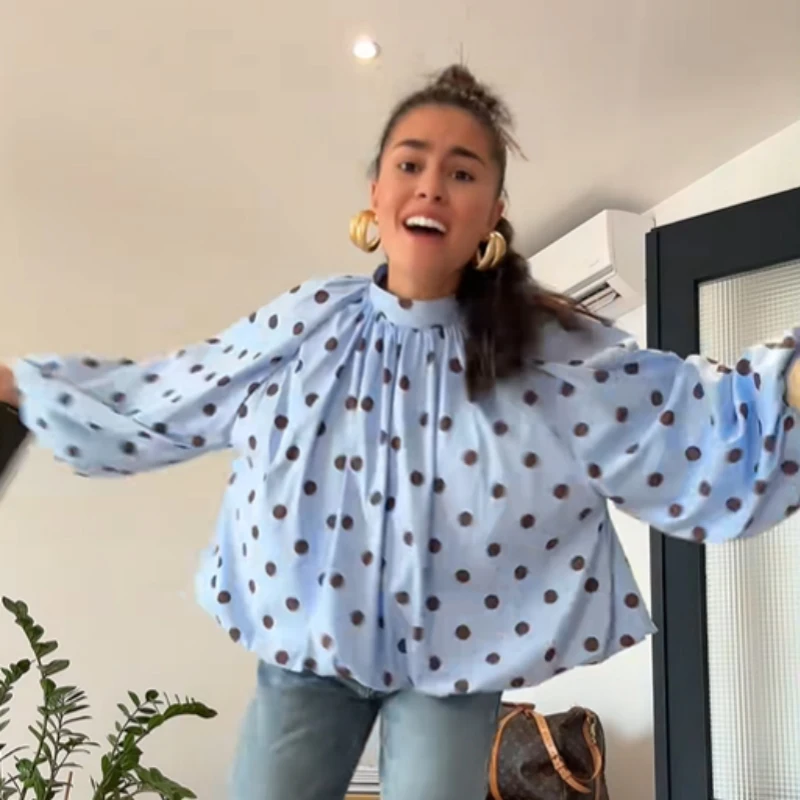 Women's Elegant Polka Dot Cute Back Lace Up Shirt Uniqie Design Ruffled Hem O Neck Tops Spring Casual Loose High Street Blouse S6bfc26f84e48404c955998bd5566762ep