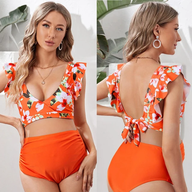 Bañador premamá de verano para mujeres embarazadas, traje de baño de bloque  de Color, ropa de playa de cintura alta, Tankinis de embarazo