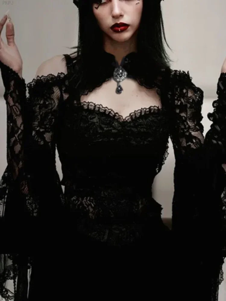 

Black Lace Gothic Y2k Small Shawl Women Flare Sleeve Dark Academia Vintage Crop Top Off Shoulder Korea Designer Clothing Female