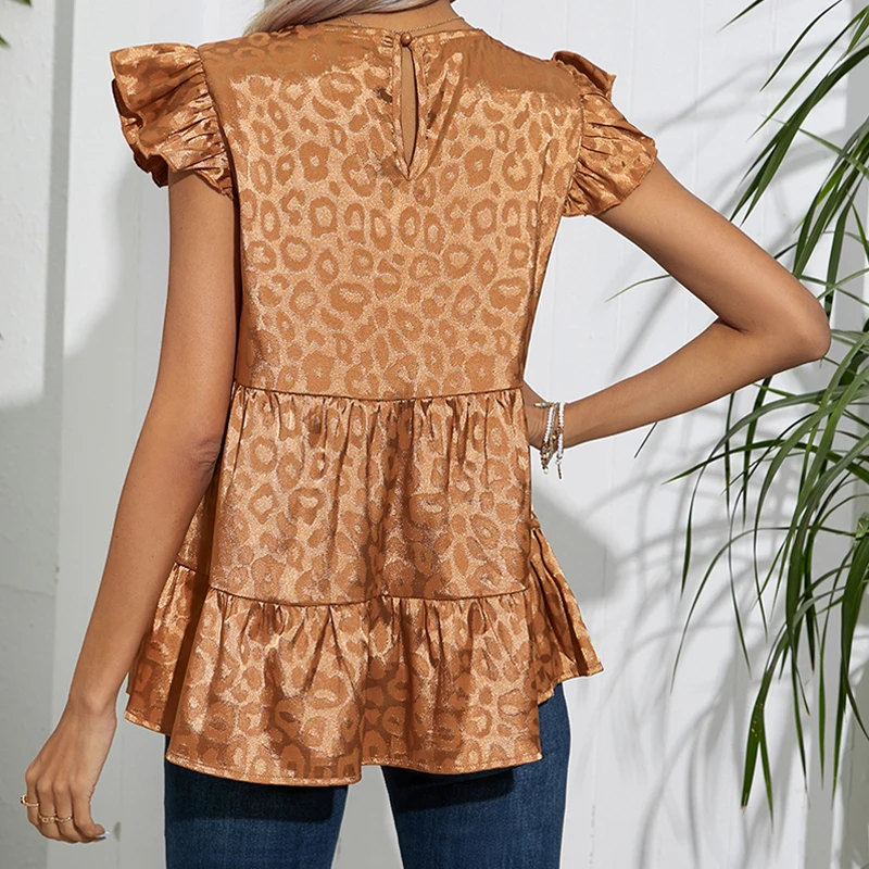 New Women American Retro Silk Ruffle Short Sleeve Blouses Summer Fashion Elegant Print Loose Shirts Casual Streetwear Tops Blusa