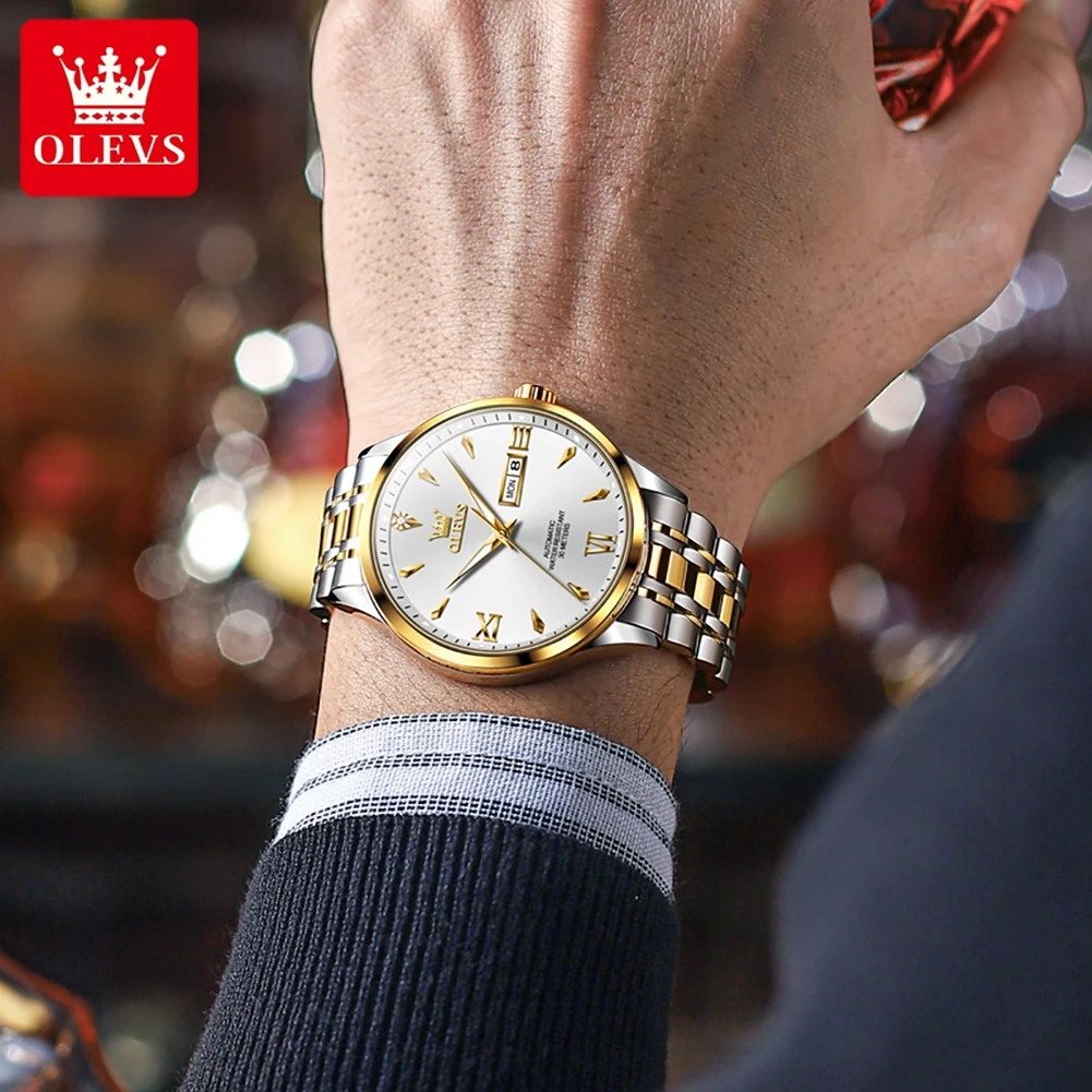 OLEVS 9956 Automatic Watch Man Top Brand Business Dual Calendar Mechanical Watch For Men Original Stainless Steel Wristwatch