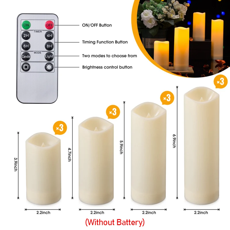 LED scintillante sans flamme avec minuterie à distance, fonctionnement à piles ci-après les, étanche, décoration de fête de mariage, 12 pièces par ensemble