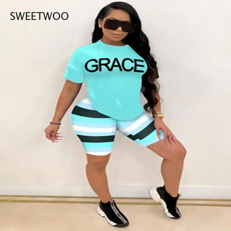 

Ladies Casual Suit Summer Letter Printing T-Shirt Splicing Short-Sleeved Fashion Shorts Striped Printing Sports Women Clothing