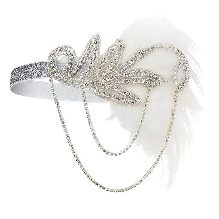 1920s Headband Costume Props Charleston costume accessories Nude Flapper Headpiece Great Gatsby feather beaded headband Chain