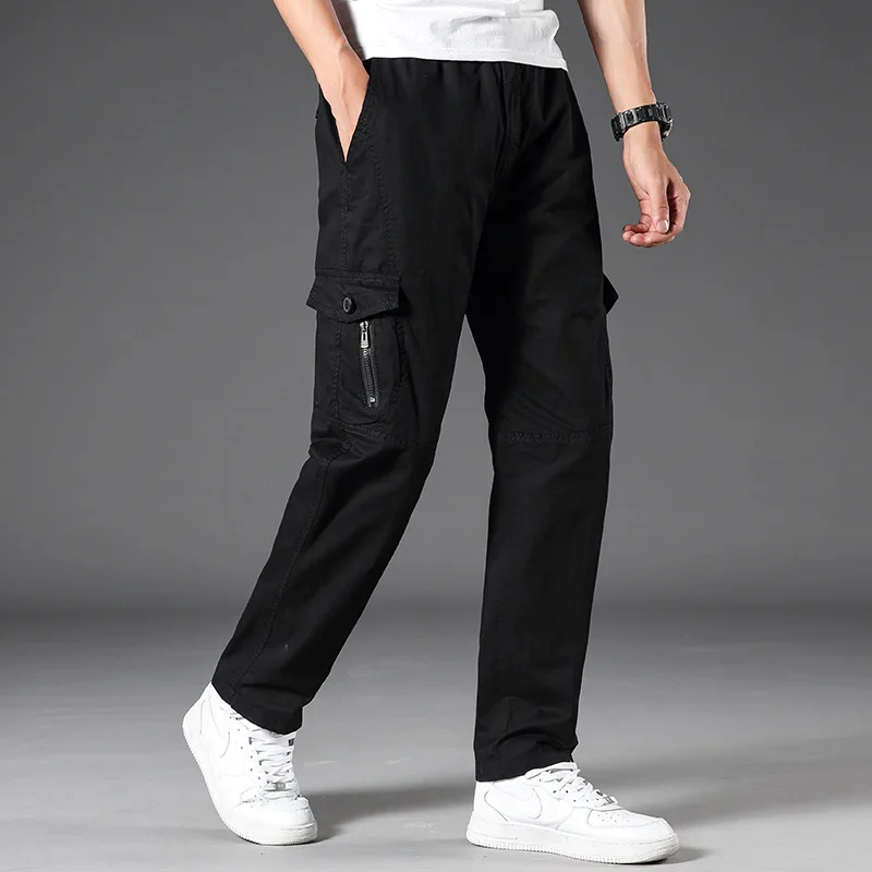 Spring Autumn Men's Thin Pure Cotton Workwear Casual Pants Oversized Straight Leg Trousers Multi Pocket Outdoor Sports Pants