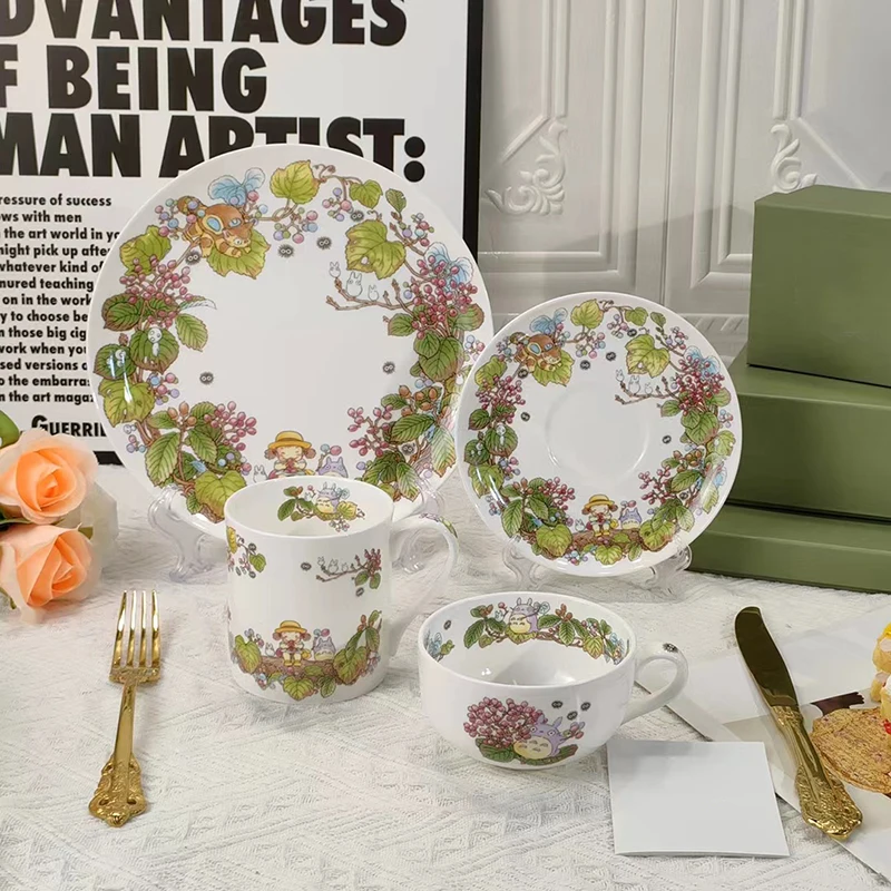 Bone China Coffee Cup Saucer Set, Japanese Cartoon Tableware Series, Hotel Steak Flat Plate, Round Mug, Afternoon Tea Tool