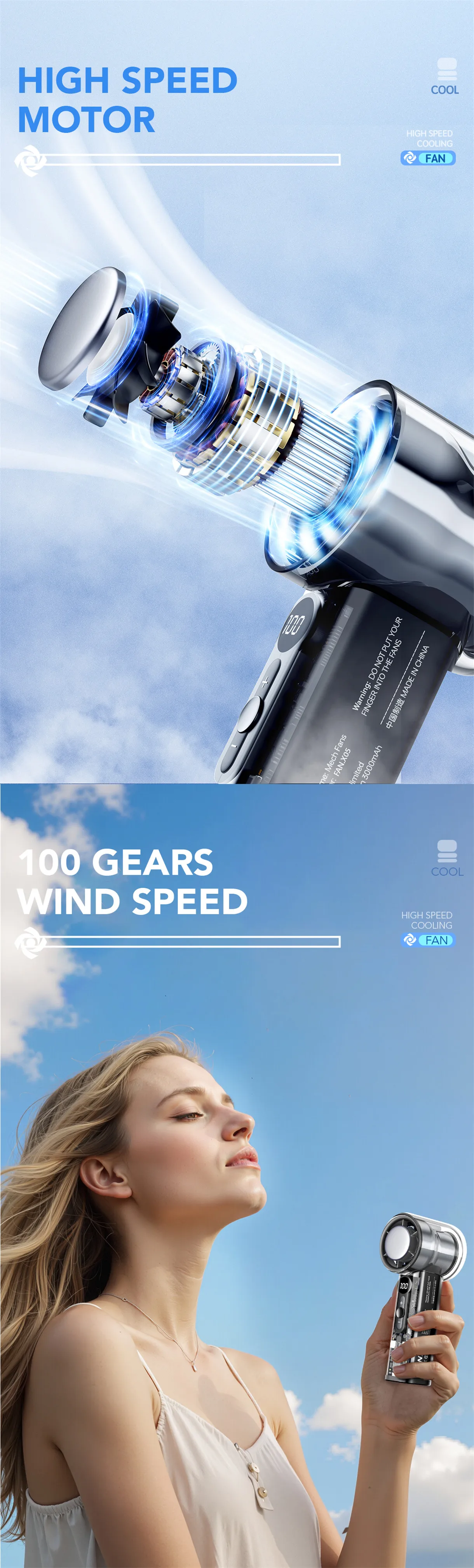 Description Picture 3 of itemIce Compress Portable Fan Semiconductor Refrigeration High-speed Fan USB Rechargeable Handheld Outdoor Turbo Fan Air Conditioner